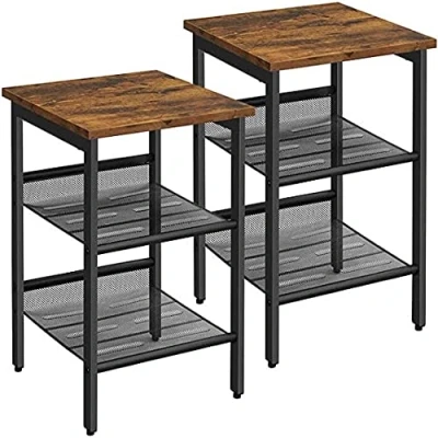 Imagen de VASAGLE Mesita de Noche, Juego 2 Mesitas Estilo Industrial, Mesa Lateral, con Estantes Malla Ajustable, Apto para Salón, Dormitorio, Vestíbulo, Oficina, Marrón Rústico y Negro LET24X