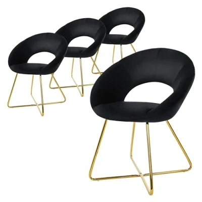 Imagen de ML Design 4X Sillas de Comedor Negras Ergonómicas Asiento Tapizado Aspecto Terciopelo Patas Metal Doradas con Respaldo Redondo y Reposabrazos Sillón Moderno para Mesa Salón Oficina Dormitorio