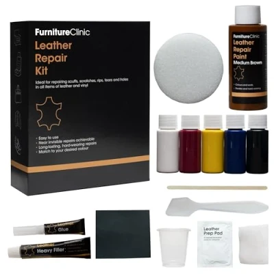 Imagen de Furniture Clinic Kit Completo de Reparación Cueros 12 Opciones Colores para Sofás, Asientos Coche Remienda, Rellena y Retoca Arañazos, Desgarros Otras Áreas Dañadas (Marrón Medio)
