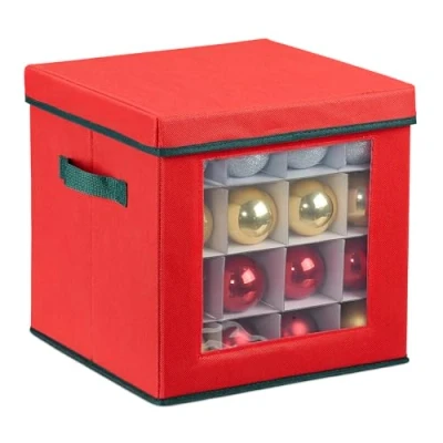 Imagen de Relaxdays Caja Organizadora Adornos Navideños, Árbol Navidad, Forro Polar, Cartón, Bolsa Bolas, 30x30x30 cm, Rojo/Verde