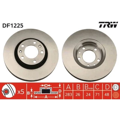 Imagen de TRW DF1225 Disco de freno 283 26 5 108 ventilado barnizado altamente carbonizado con tornillos PEUGEOT: 407 Berlina, CITROËN: XM II Hatchback