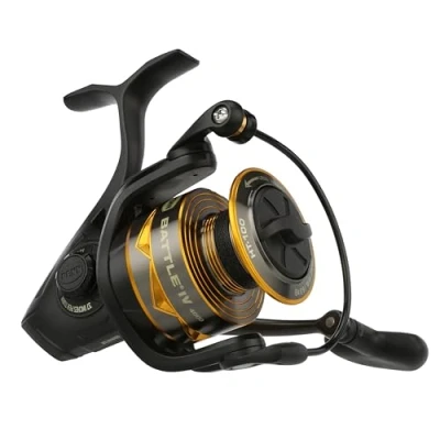 Imagen de PENN Carrete de Spinning Battle® IV Pesca en Agua Salada Señuelos y cebos para Peces mar Bobina Aluminio, Robusto 4000 Tamaño del 6.2:1 Engranaje Negro, Dorado Ahumado