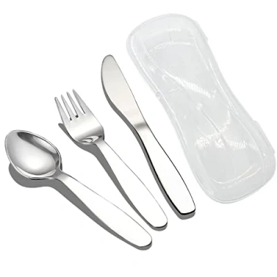 Imagen de VANRA 3 Piezas Niños Tenedor Cuchara Cuchillo Set con Estuche de Viaje para Fiambrera, 18/8 Acero Inoxidable Cubiertos Utensilios la Escuela (Tenedor Cuchillo)