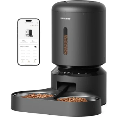 Imagen de PETLIBRO 5G y 2.4G Wi FI dispensador automático de croquetas para 2 gatos, triple conservación con cuenco acero inoxidable tapa, aplicación, 5 L, negro