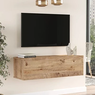 Imagen de [en.casa] Mueble TV Suspendido Mesa Tele de Pared con 1 Puerta Aglomerado Recubierto Melamina 100 x 32 30 cm Roble Rústico