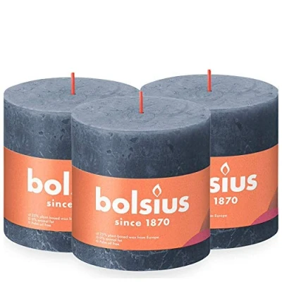 Imagen de Bolsius Rustik Vela XXL Twilight Blue 3 unidades 10 x cm Velas decorativas para el hogar Duración de combustión 62 horas Sin perfumar Cera vegetal natural aceite palma