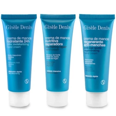 Imagen de GISÈLE DENIS Crema de Manos, Pack 3 x 75 ml, Hidratante + Nutritiva Reparadora Regenerante Antimanchas, con Ácido Hialurónico, Manteca Karité y Flavonoides, Absorción Rápida, Textura Suave
