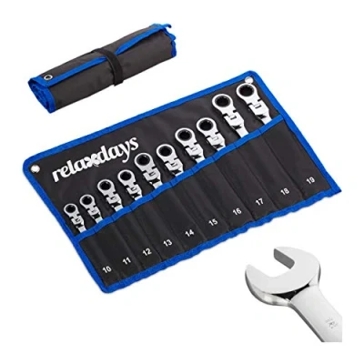 Imagen de Relaxdays Pack de 10 Llaves Combinadas, Boca y Estrella, con Articulación Carraca, 19 mm, Bolsa, Negro