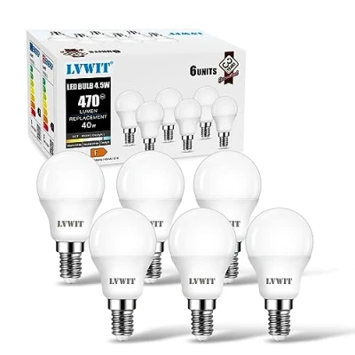 Imagen de LVWIT Bombillas LED P45 E14 (Casquillo Fino) 4.5W equivalente a 40W, 470 lúmenes, Color blanco frío 6500K, No regulable Pack de 6 Unidades.