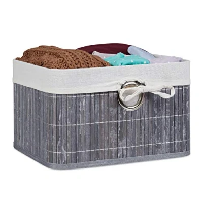 Imagen de Relaxdays, 20x31x31 cm, Gris Caja de almacenaje, Funda Textil, Bambú, Rectangular, Accesorio Decorativo, Acero
