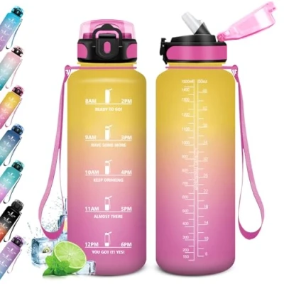 Imagen de KollyKolla Botella Agua 1.5L, Motivadora, de con Pajita, Prueba Fugas, Reutilizable Cantimplora para Adulto, Colegio, Gimnasio, Oficina, Bicicleta, Gym, Fitness
