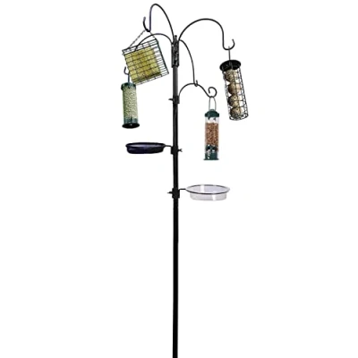 Imagen de Hyfive Kit de estación alimentación para pájaros silvestres, comedero múltiple con bandeja semillas, comederos colgantes pájaros, baño agua 240 cm, 4 postes