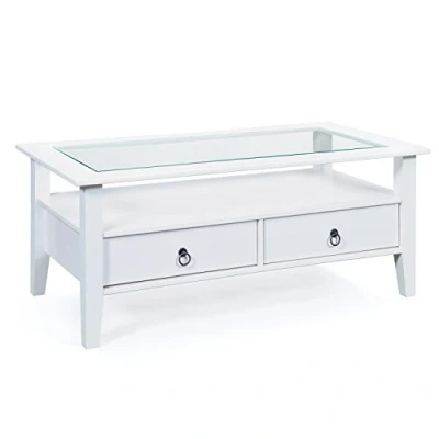 Imagen de Inter Link Mesa baja de madera maciza Pino macizo con tapa cristal 2 cajones teñidos blanco 115 x 60 45 cm Provence 7