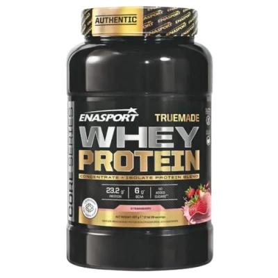 Imagen de Truemade Whey Protein Enasport. Proteina de suero leche en polvo con BCAA, favorece la recuperacion y el crecimiento muscular (907 g, Fresa)