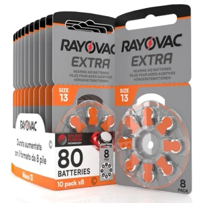 Imagen de 80 Pilas para aparatos acústicos Rayovac Extra 13. 10 blísteres de 8