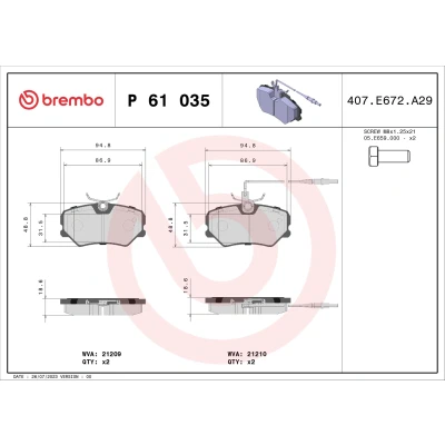 Imagen de BREMBO P 61 035 Juego de pastillas freno con contacto avisador desgaste tornillos pinza sin accesorios PEUGEOT: 405 I Berlina