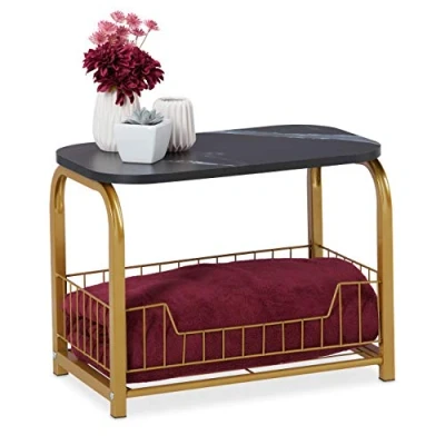 Imagen de Relaxdays Side Table Mesa Auxiliar con Almacenaje, Mesita Efecto Mármol, Estructura de Metal, 38 x 50 30 cm, Negro/Dorado, Hierro