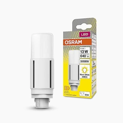 Imagen de OSRAM DULUX LED D13 VT EM, G24D, 5,5 W, 640 lm, 3000 K, luz blanco cálido, para aplicaciones verticales gracias a un ángulo de haz 300 grados, vida útil larga, sin tiempo calentamiento