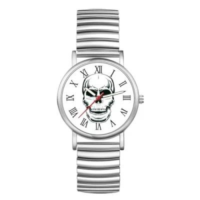 Imagen de JewelryWe Reloj Correa Elástica Calavera: Relojes de Pulsera Cuarzo Analógicos Redondo para Hombre y Mujer Escala Números Romanos Plata Fiesta Ocio Negocios Regalos