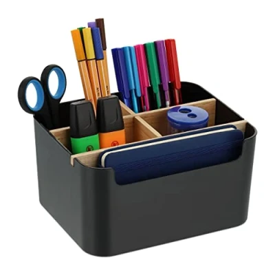 Imagen de Relaxdays Organizador Escritorio 5 Compartimentos, Plástico y Madera, Baño, Moderno, 9,5 x 18 15 cm, Color Negro
