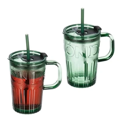 Imagen de Relaxdays Set de 2 Vasos, Jarras para Beber con Tapa y Pajita, Jarritas Batidos Zumos 450 ml, Asa, Verde, 13x13x8,5cm