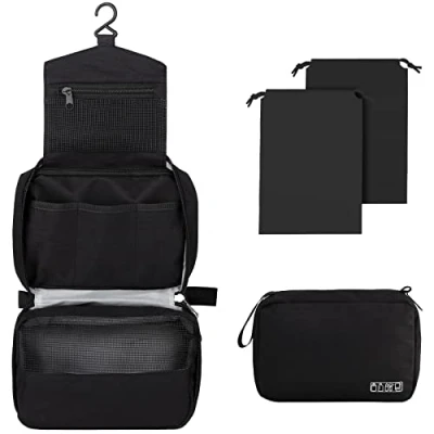 Imagen de Larkumio Neceser Hombre Mujer, Maquillaje Bolsa de Aseo Makeup Bag Grande Colgante Impermeable, 1 Viaje + con Cordón, Negro