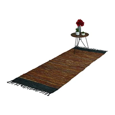 Imagen de Relaxdays Cuero Alfombra de Piel y algodón con Flecos, Antideslizante, para salón, Dormitorio o Pasillo, 80 x 200 cm, Color marrón