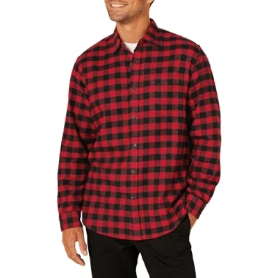 Imagen de Amazon Essentials Camisa de franela, manga larga (Disponible en Tallas Grandes) Hombre, Negro Rojo Cuadros Vichy Grandes, XS