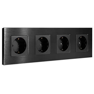 Imagen de Navaris Cubierta de aluminio con enchufes Placa triple para pared 4x enchufe europeo Tapa empotrable toma 29.9 x 8.5 4 CM Negro