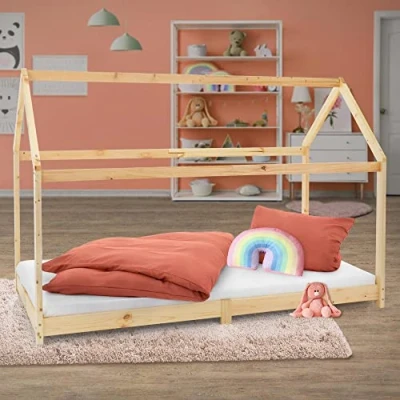 Imagen de ML Design Cama Infantil 90x200cm con Techo y Somier Estructura Listones de Madera Pino Maciza Color Natural Forma Casita Diseño Creativo Mueble Dormitorio Mobiliario Casa para Niños