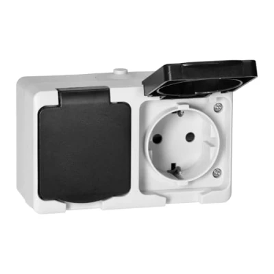 Imagen de Miratic Enchufe Pared IP54 Superficie Blanco y Negro Schuko 2P+T Alta Resistencia Seguridad