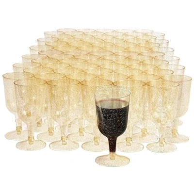 Imagen de MATANA 100 Elegantes Copas de Vino Plástico Duro Transparente con Purpurina Dorada (180ml) Resistentes y Reutilizables Cumpleaños, Bodas, Navidad, Barbacoas, Fiestas