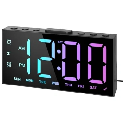 Imagen de LIORQUE Reloj Despertador Digital, Digital con Pantalla LED Grande de 8 Colores, Alarmas Dobles, 5 Niveles Ajuste Brillo, Modo Fin Semana, Snooze, DST, 2 Puerto Carga USB
