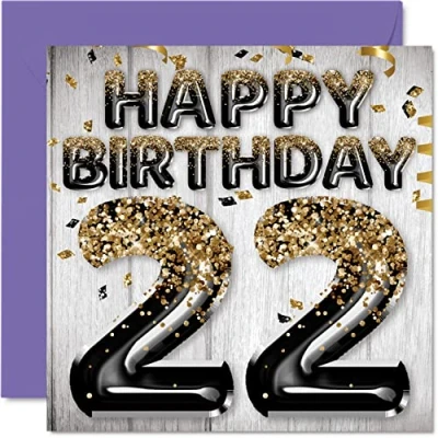 Imagen de Tarjeta de cumpleaños número 22 para hombres, globos negros y dorados con purpurina, tarjetas feliz hombre años, hijo, hermano, tío primo, 145 mm x mm, veintidós
