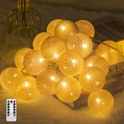 Imagen de Ciskotu Guirnalda Luces Interior 20 LED USB Bolas de Algodón Cadena con Mando Distancia &amp; Temporizador Luz para Dormitorio, Niños, Fiesta, Navidad (Blanco)