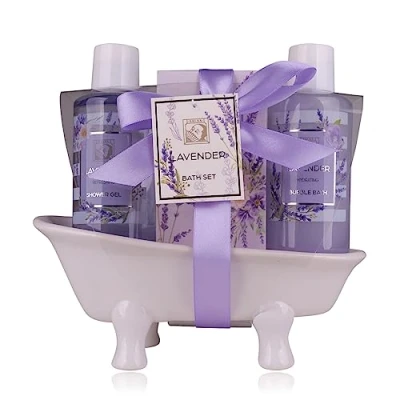 Imagen de Accentra set de ducha regalo para mujer LAVANDA en una hermosa bañera cerámica cuidado 3 piezas con gel ducha, baño burbujas y sales bienestar