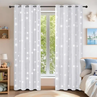 Imagen de Deconovo Cortinas de Salón Modernas Aislantes Térmicos Estilo Moderno Elegante para Infantiles Estrella Plateada 117 x 138 cm Gris Perla