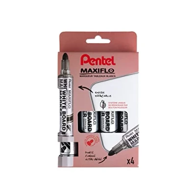 Imagen de Pentel Maxiflo MWL5W/4 Rotulador para pizarra blanca (4 unidades, punta cónica ultragrande), color negro, rojo, azul y verde
