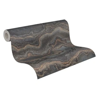 Imagen de Livingwalls papel pintado 396594 con efecto mármol de diseño alta calidad en negro, gris, marrón brillo dorado 10,05m x 0,53m