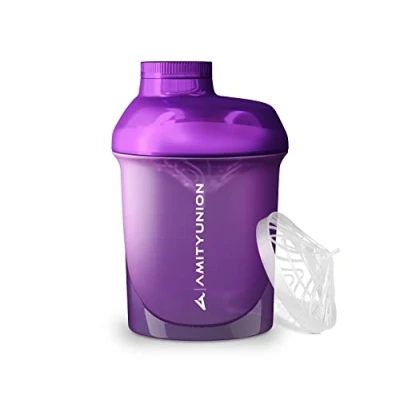 Imagen de AMITYUNION Protein Shaker Purple White Deluxe 400 ml Batidor de proteínas a prueba fugas Sin BPA con tamiz y escala para batidos cremosos proteína suero leche en polvo