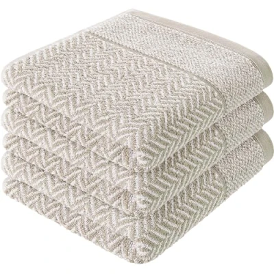 Imagen de herzbach home Juego de toallas mano 100% algodón estampado (gris arena/blanco, 3 50 x 100 cm)