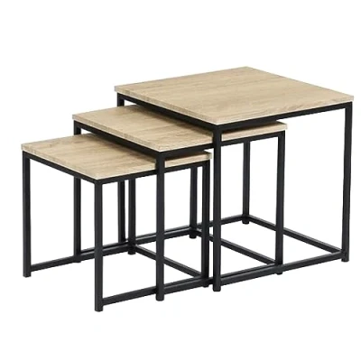 Imagen de Acomoda Textil Conjunto de 3 Mesitas Auxiliares Madera. Set Mesas Nido para Café Cuadradas Metal Decoración en Salón, Dormitorio y Oficina. (Set mesas)