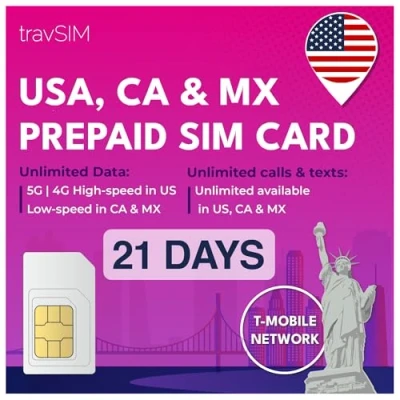 Imagen de travSIM USA, Canada Mexico SIM Card Servicio T Mobile 50GB de Datos para 5GB y Llamadas Nacionales SMS ilimitados Válido Durante 21 días
