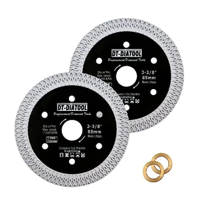 Imagen de DT DIATOOL hoja de sierra circular diamante 85 mm, 2 unidades, para cortar porcelana, cerámica, mármol, granito, con segmento malla 10 mm a 15