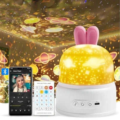 Imagen de GIBOHOM Proyector Estrellas Infantil, 360 Rotación USB Recargable Luz Nocturna Infantil 80 Modos con 8 Músicas, Bluetooth Bebe Regalos para Bebes Control Remoto Temporizador