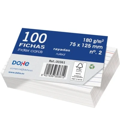 Imagen de Dohe Fichas Rayadas de Cartulina (100 uds.) Tarjetas para Escribir Notas, Tamaño 12,5x7,5 cm, 180 gr/m², N.º 2, Material Oficina Color Blanco