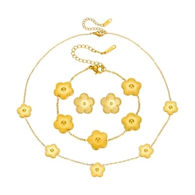 Imagen de Hanaoops Conjunto de Collar Pulsera y Pendientes para Mujer 18K Acero Inoxidable Joyas Trébol Cuatro Hojas Delicado la Suerte Juego Regalos (Oro)