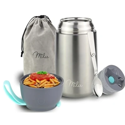 Imagen de Milu Termo para Comida 300ml, 440ml, 450ml, 650ml, 800ml Taza Aislada, Botella de Acero Inoxidable Aislada Alimentos, Beber y sopa los niños adultos A prueba fugas Térmico (800ml/Gris)
