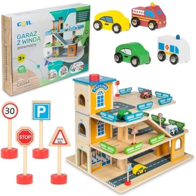 Imagen de COIL aparcamiento para niños de 3 años garaje a partir con ascensor y accesorios madera, coches parking