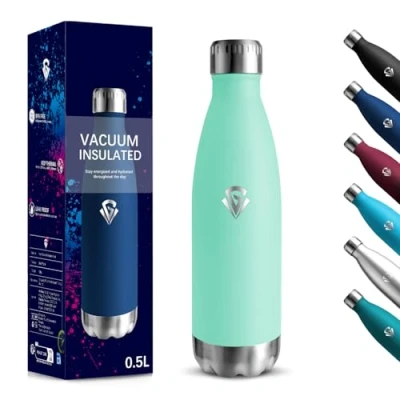 Imagen de Botella Agua Acero Inoxidable, 500 ml Libre de BPA, Termica, 18/8 Botellas Agua, Aislamiento al Vacío Boble Pared, Cantimplora para Cámping, Escuela Verde azulado